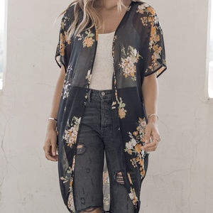 Black & Yellow Floral Chiffon Cocoon Cardigan